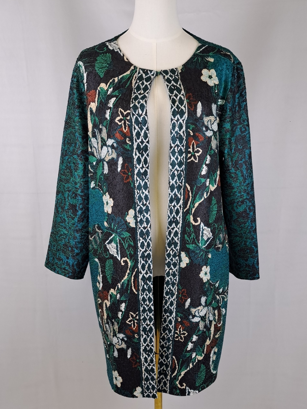Funky Teal Lightweight Floral Tapestry Crumpled Knit Duster Coat Artsy Boho Sz L